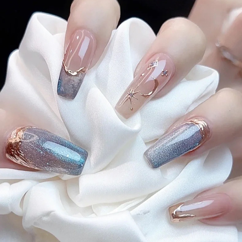 European and American luxury Golden Star Moon glitter long ballet nail ice transparent magic blue glitter white manicure fake nails European and American luxury Golden Star Moon glitter long ballet nail ice transparent magic blue glitter white manicure fake nails