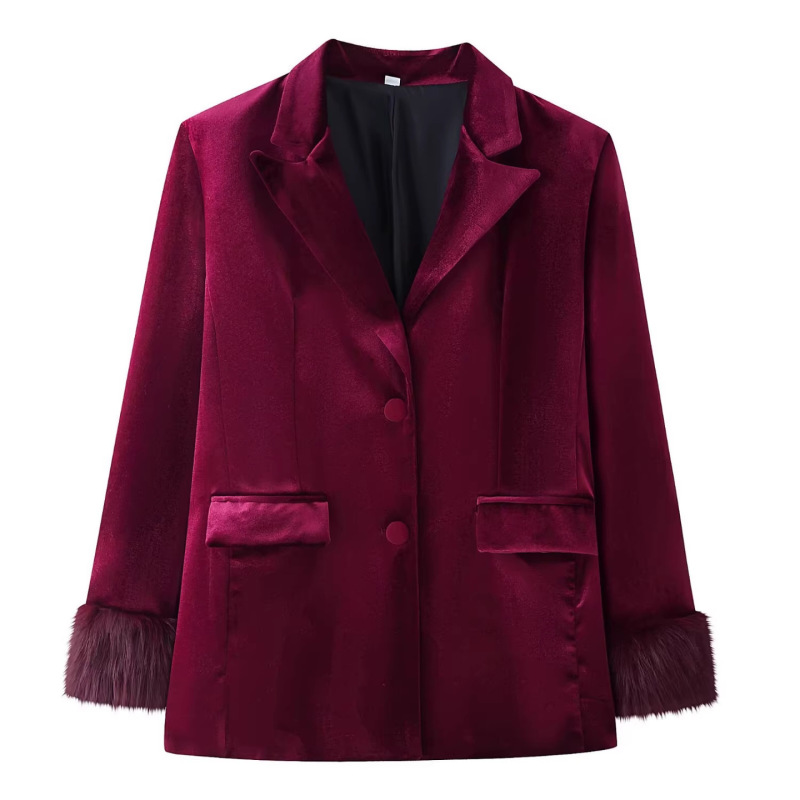 Foreign Trade Cross-Border Ready-Stock Women's Clothing 2026 Spring Season Velvet Blazer with Fur Cuffs + High-Waisted Wide-Leg Trousers Foreign Trade Cross-Border Ready-Stock Women's Clothing 2026 Spring Season Velvet Blazer with Fur Cuffs + High-Waisted Wide-Leg Trousers