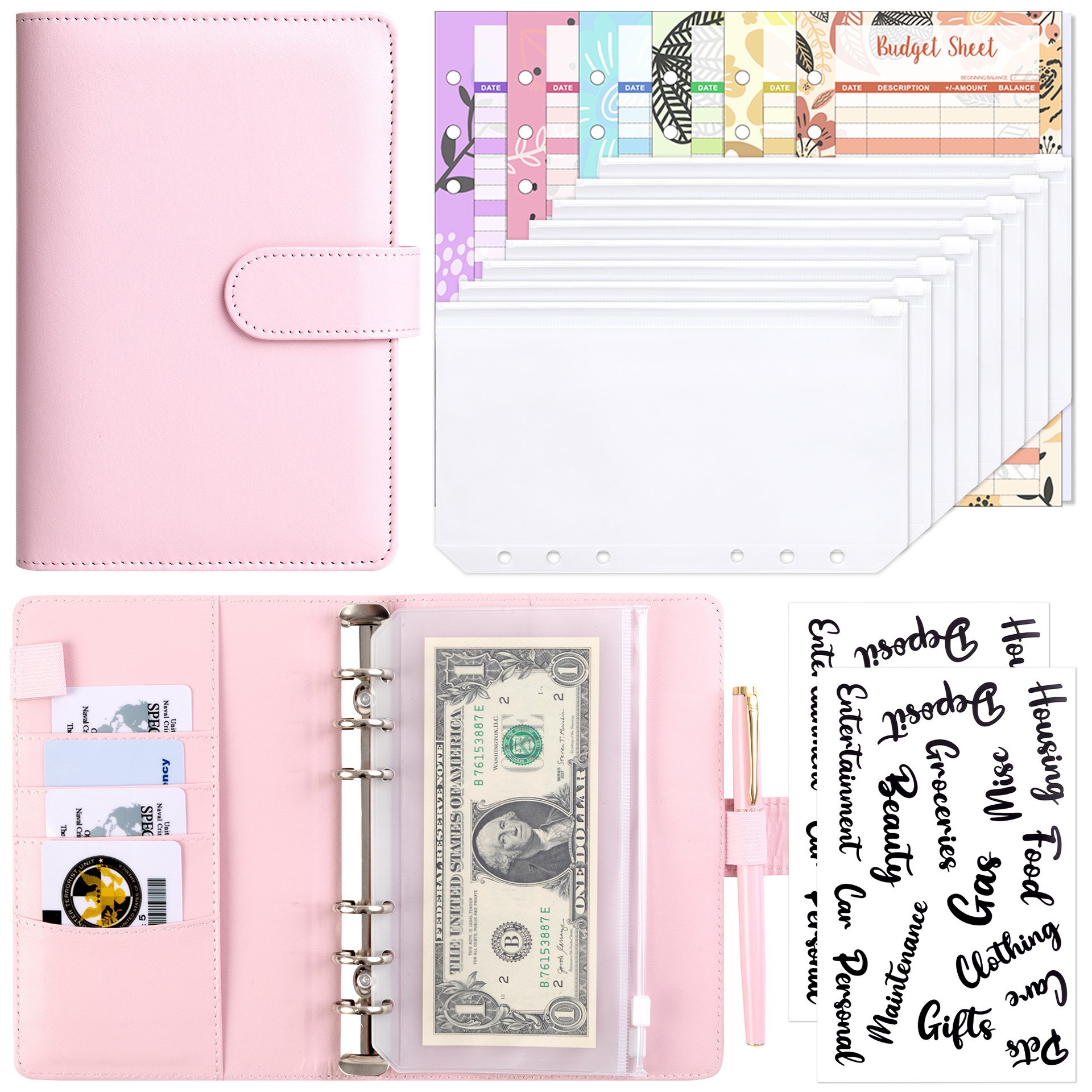 Presupuesto transfronterizo Cash Clip de hojas sueltas Bolsa con cremallera Sobres Libro de cuentas A6 Macarons PU Cuaderno de hojas sueltas de cuero