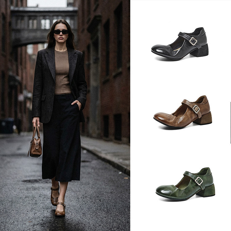 Washed Cowhide Chunky Heel Shallow Mary Jane Shoes for Women, 2026 Autumn Model, Round Toe High Heel Soft Leather Ballet Shoes with One-Strap Buckle Washed Cowhide Chunky Heel Shallow Mary Jane Shoes for Women, 2026 Autumn Model, Round Toe High Heel Soft Leather Ballet Shoes with One-Strap Buckle