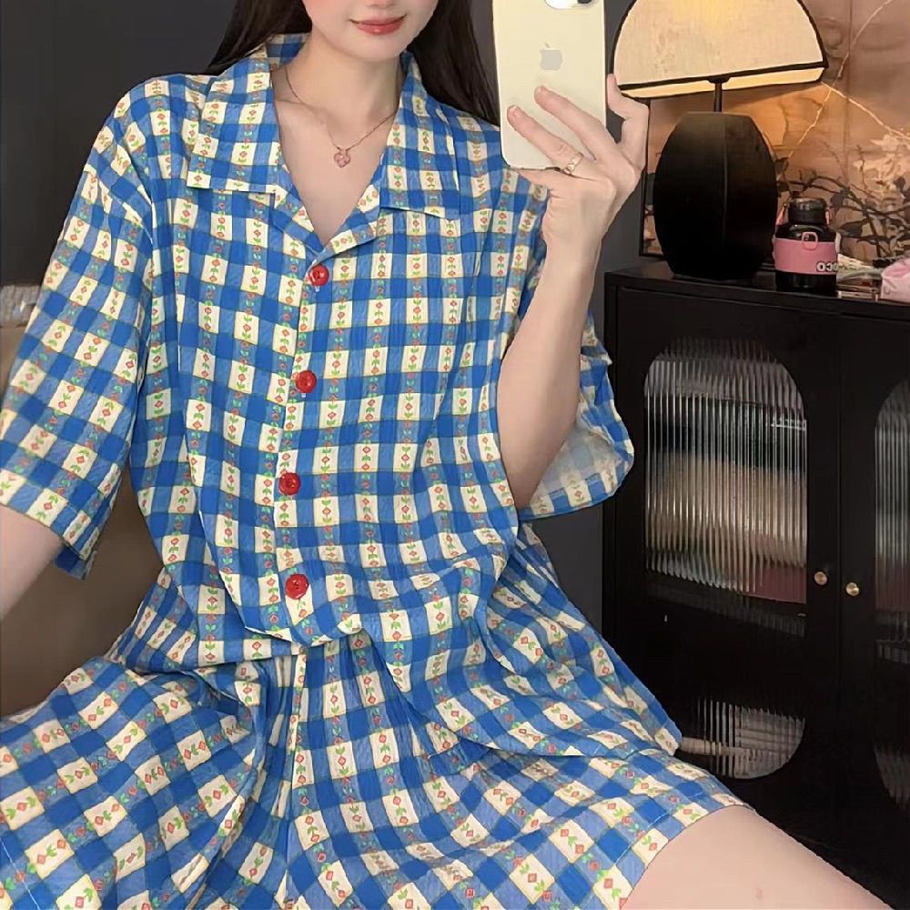 Nube de algodón nuevo pijama de mujer verano simple estricto impresión de corazón de桃ar se puede usar pantalones cortos de manga corta conjunto de ropa para el hogar