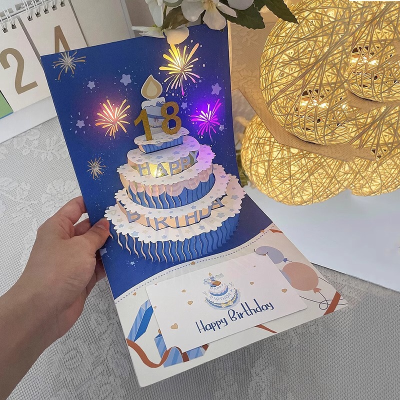 Birthday greeting card three-dimensional creative diy high-level handmade paper carving gift blessing music luminous fireworks card