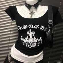 美式Vintage新款皇冠印花短款夏季辣妹短袖T恤假两件绑带上衣女