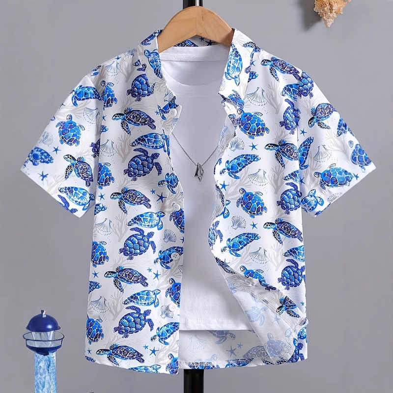 Hawaiian Turtle Environmental Protection Theme Pattern Flower Shirt 2025 Summer Seaside Beach Short-Sleeved Shirt for Men and Women