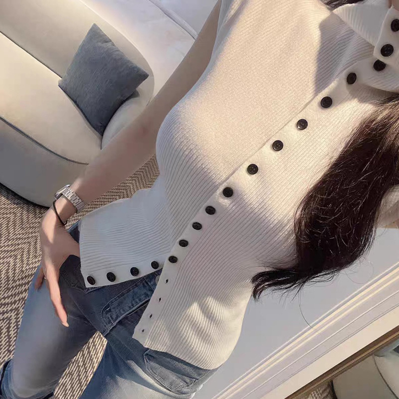 South Korea Dongdaemun New Product Temperament Shown Figure ~ Feminine High Neck Single-breasted Sleeveless Knitted T-shirt se