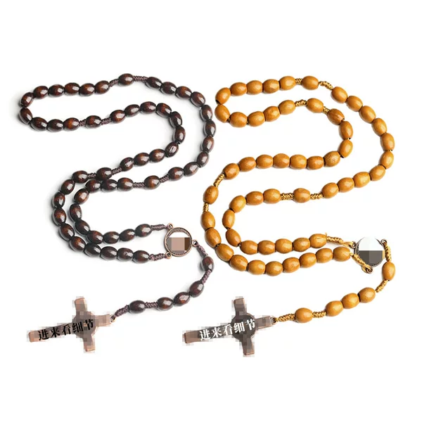 [In Stock] Wooden Rosary Necklace with Cross, Braided Brown Beads, Easter Cross-Border Accessories