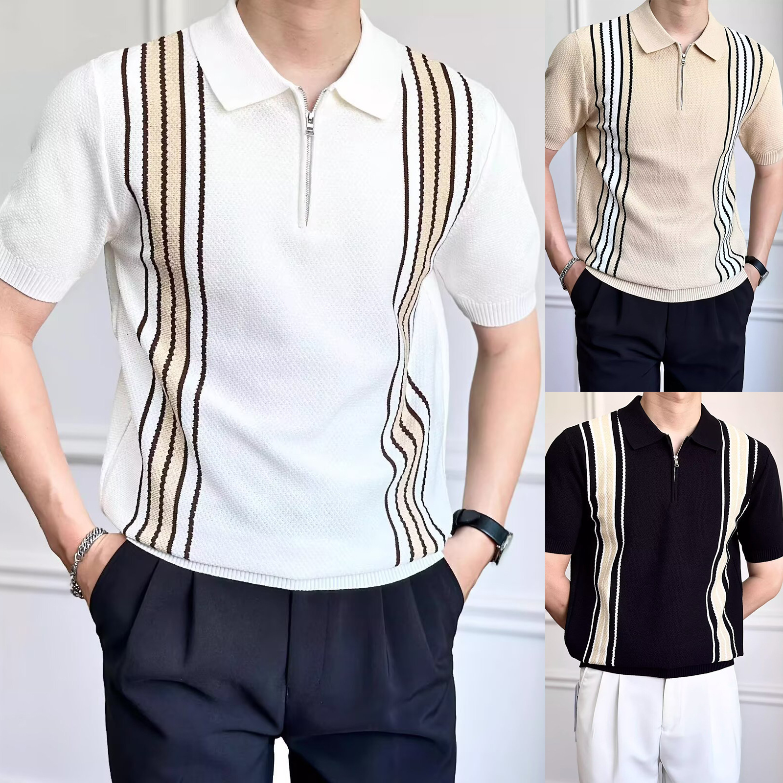 Polo camiseta camiseta de punto camiseta de manga corta camiseta de cuello de hombre rayas medio cremallera viejo dinero viento hielo seda fábrica transfronteriza al por mayor