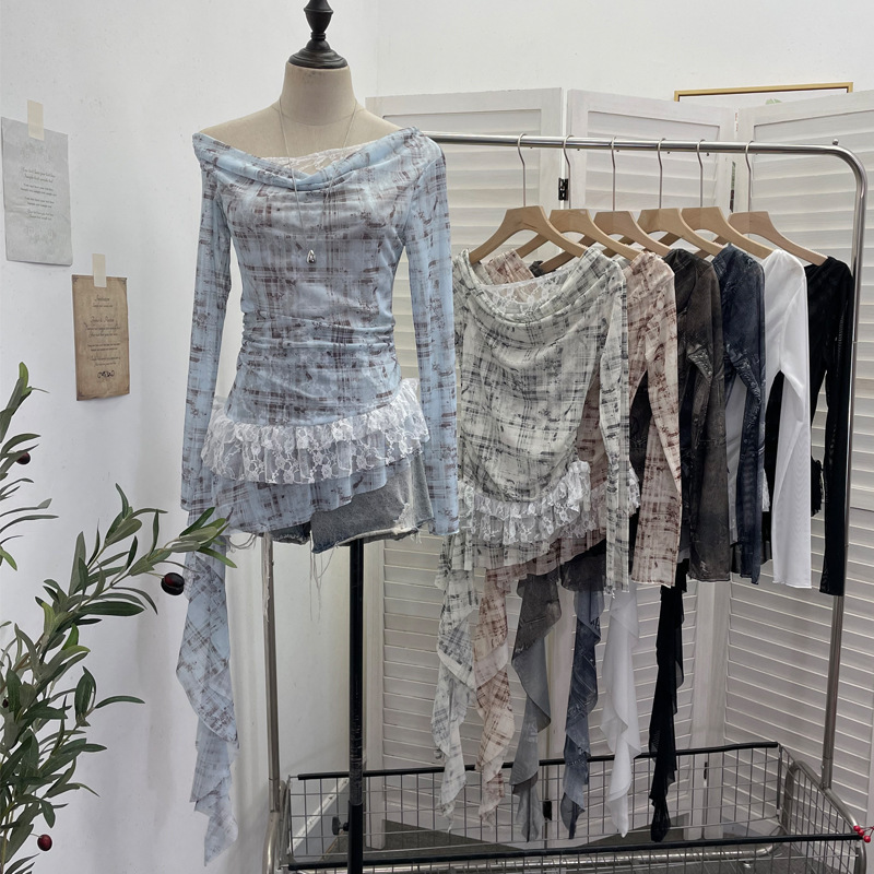 Real Shot of Mesh Swing Collar Spliced ​​Lace Fake Two-Piece Long-Sleeved Top with Ruffled Ribbon Slim T-Shirt for Women 1323