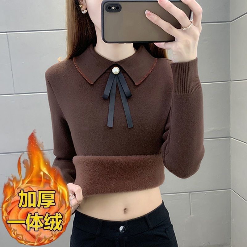 秋冬加绒一体绒毛衣娃娃领洋气上衣女加厚新款内搭保暖长袖打底衫
