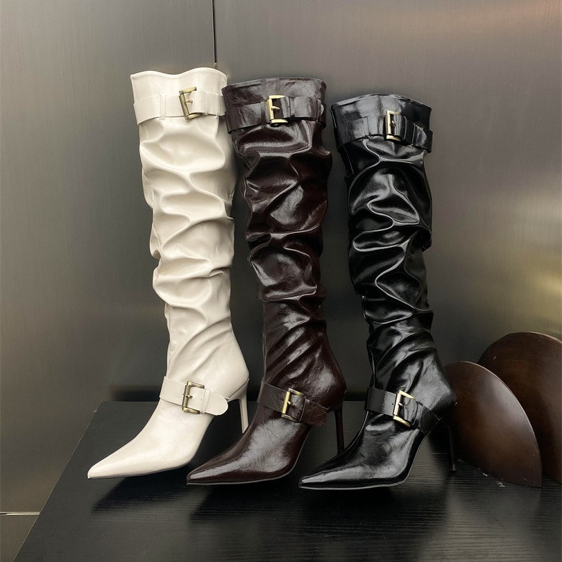 Spicy Pointed-toe White Slouch Boots, High-heeled Knee-high Boots, Women's High-heeled Boots With Buckle