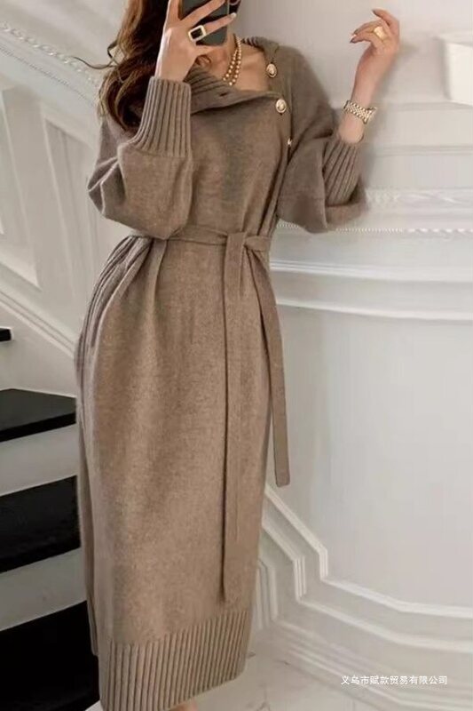 Autumn and Winter Retro Chic Buttoned Stylish High-Neck Long Dress Knit Sweater Dress Women's Clothing