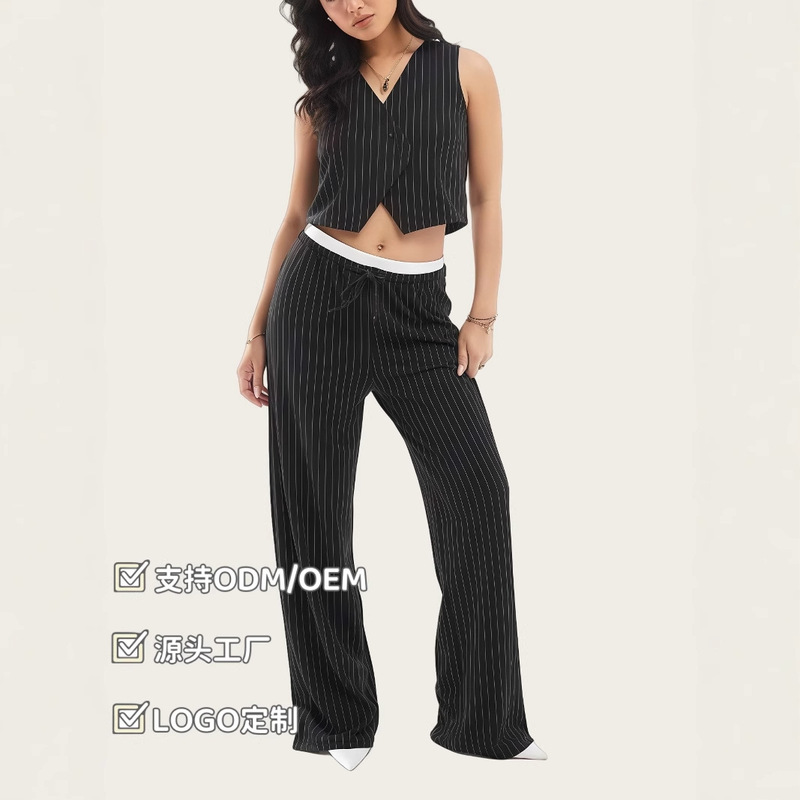 2025 European and American Thin Stripesd Professional Suit Vest Women's High-End Casual Suit Elegant Vest Pants Two-Piece Set