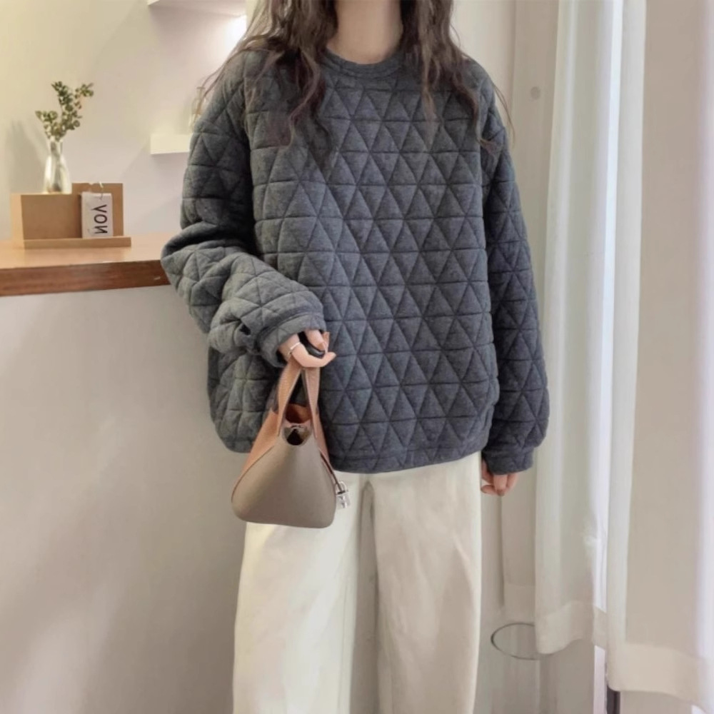 Quilted Cotton Sweatshirt for Women, Autumn and Winter 2026, Plus-Size Loose Fit, Lazy Style, Thickened Warm Top