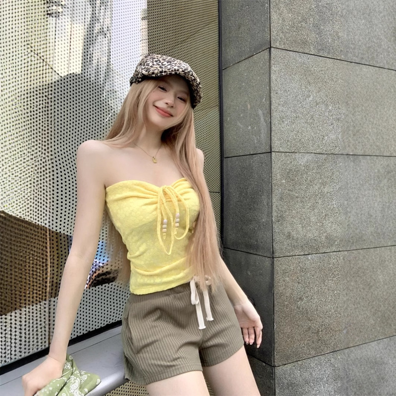 Sexy Spice Girl Strap Strapless Vest Women's Summer Slim-fit Slimming Yellow Strapless Chest Wrap Short Top for Outer Wear