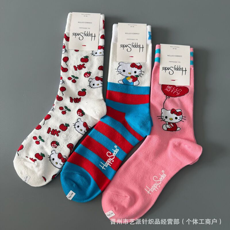 Happy Socks New Kitty Cat Women's Mid-High Cartoon Cotton Socks Collaboration Cute Spring Socks