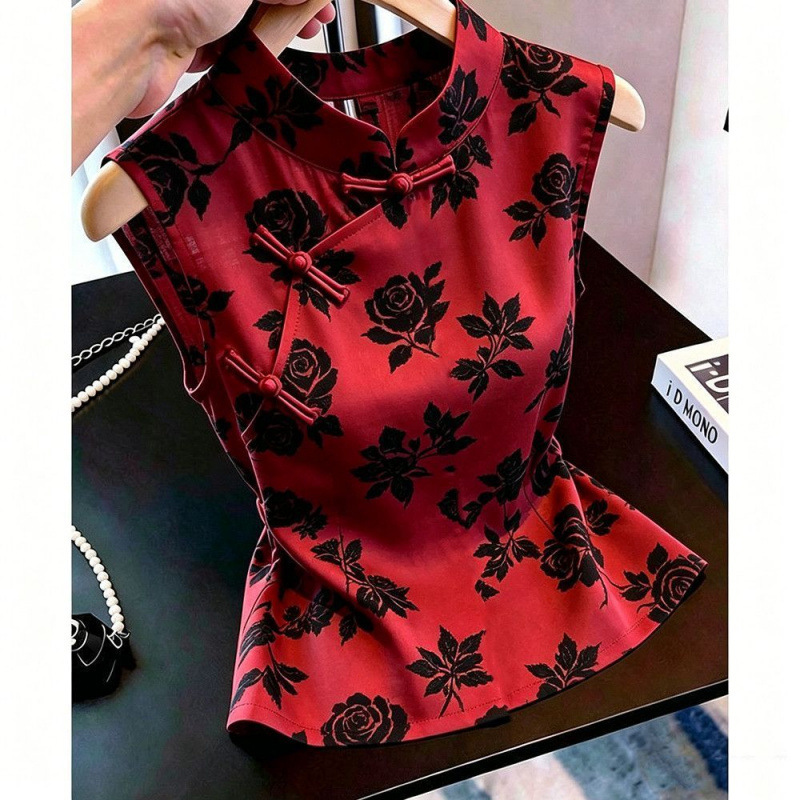 French-style sleeveless stand-collar shirt for women, red floral, waist-cinching, slimming, elegant, suitable for commuting, with a high-end feel, new summer 2026 model French-style sleeveless stand-collar shirt for women, red floral, waist-cinching, slimming, elegant, suitable for commuting, with a high-end feel, new summer 2026 model