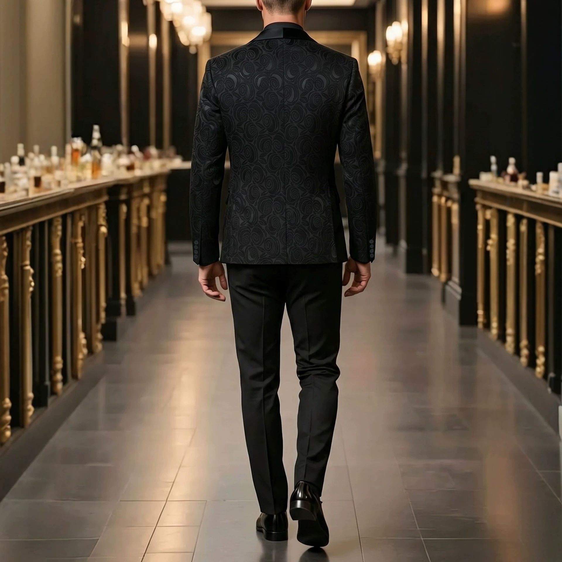 Completo da uomo a tre pezzi, elegante abito da banchetto con gilet, giacca e pantaloni in jacquard._voghion.com