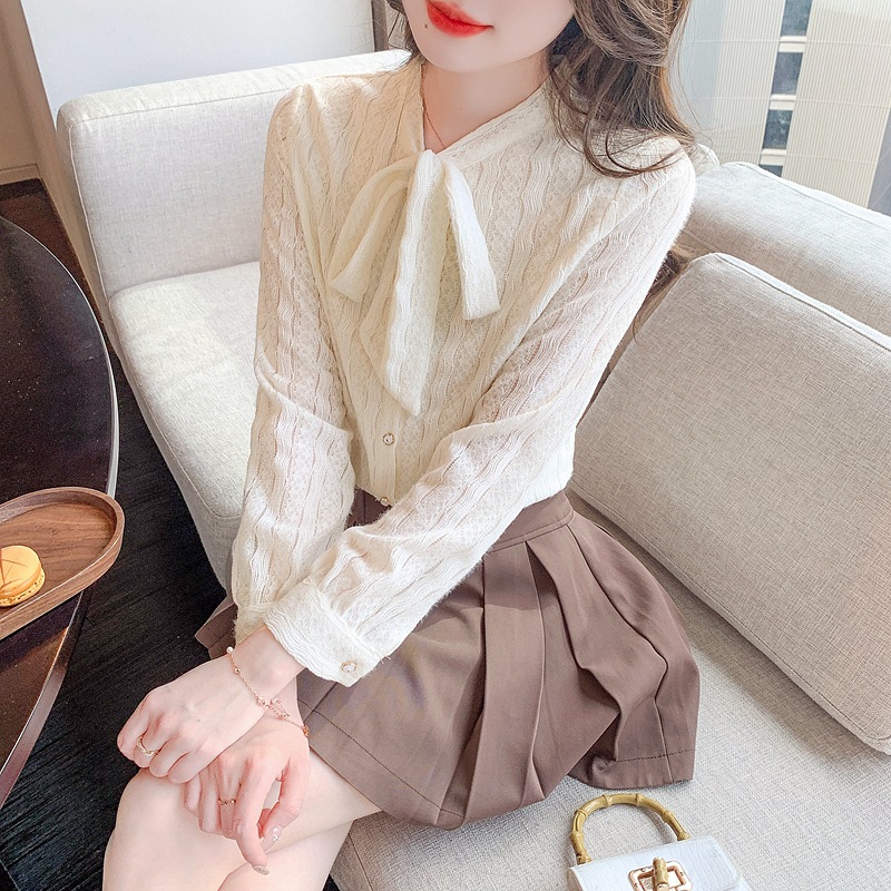 Autumn lace elegant base shirt with bow