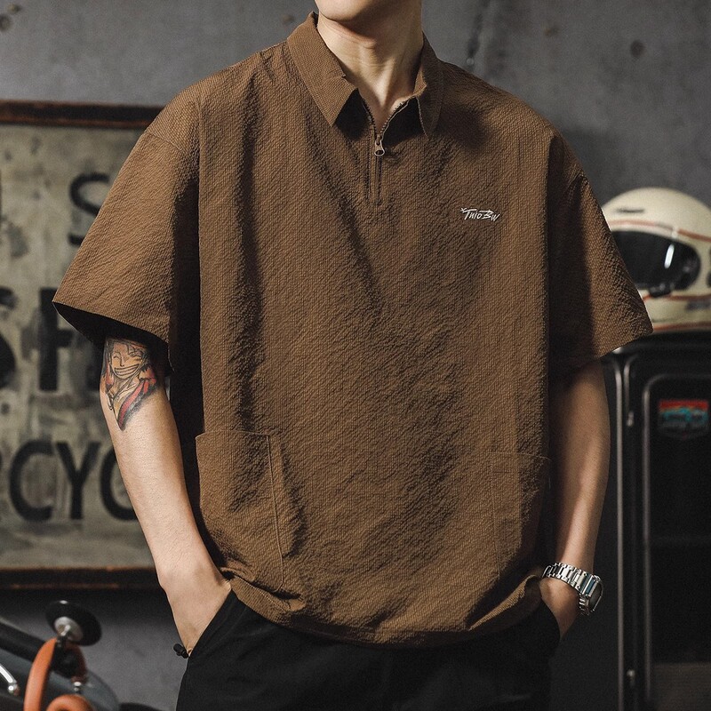 American Retro Solid Color Casual Men's Polo Short-Sleeved Brown Simple Loose Comfortable Casual Polo Shirt Wholesale
