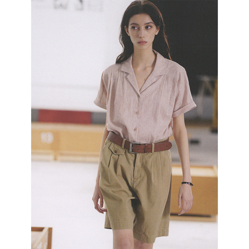 French Pink Cuban Collar Short-Sleeved Shirt for Women 2025 Summer Thin Lapel Shirt Elegant V-Neck Work Clothing Top