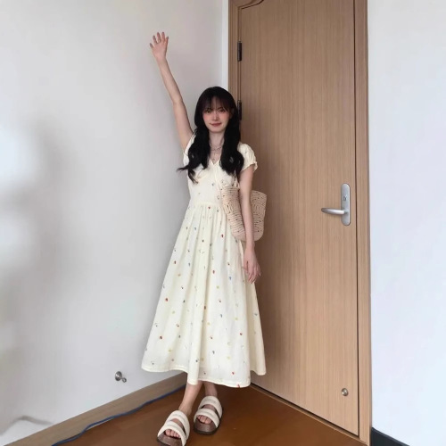 French-style design, sweet floral print, slimming summer milk white cute temperament waist-cinching ballet dress