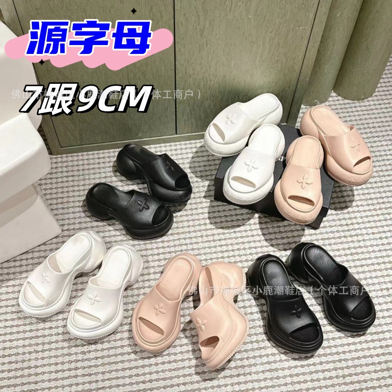 2025 Summer New Smfk Thick Slippers Women's Outer Wear Black Cruciferous High Heel Thong High-rise Slides