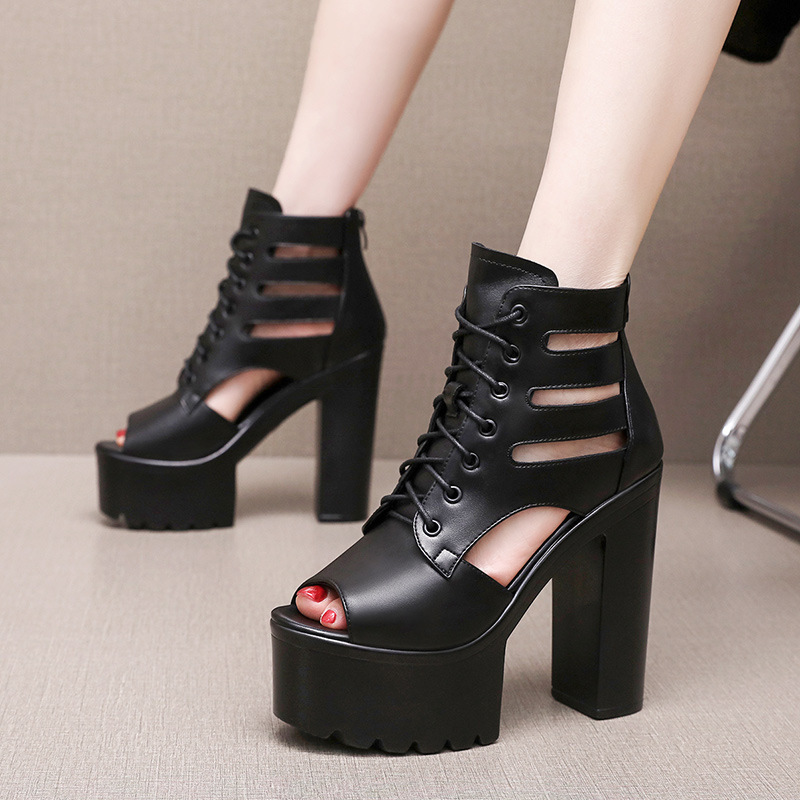 Hollow High Heel Martin Boots Summer Thin Thick Heel Sandals Women's Side Zipper Hole Shoes Retro Open Toe Roman Sandals