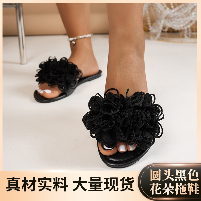 2025春夏新款平底凉拖沙滩鞋休闲外穿黑色花朵一字平底拖鞋女大码