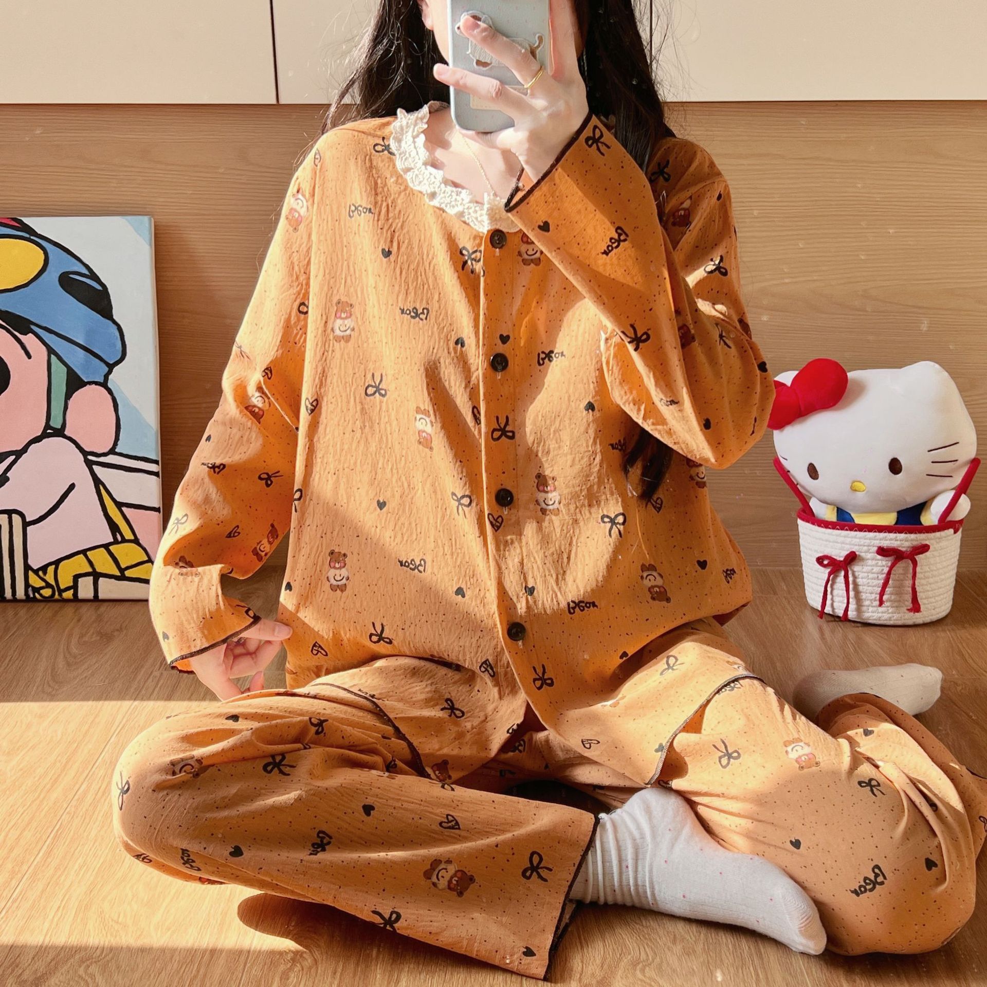 Bahor-kuz faslida qisqa kolni pijama to'plami yangi modeli katta o'lchamda