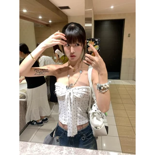 韩系休闲波点小狗爪印抹胸背心女夏季蝴蝶结设计感显瘦百搭上衣潮