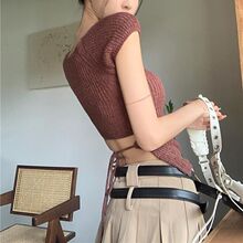 夏季辣妹针织短袖纯欲风温柔气质名媛方领夏露背性感修身短款上衣