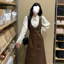 装秋冬搭配一整套胖mm显瘦感连衣裙棕色皮裙背带裙套装裙子