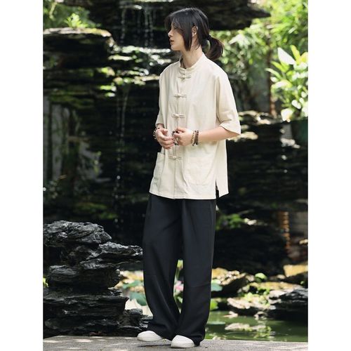 New Chinese Style Shirt: Zhongshan Suit for Men and Women, Summer Hemp Cotton Stylish Chinese Style Retro Five-Finger Middle Sleeve Collar Shirt Tang Suit