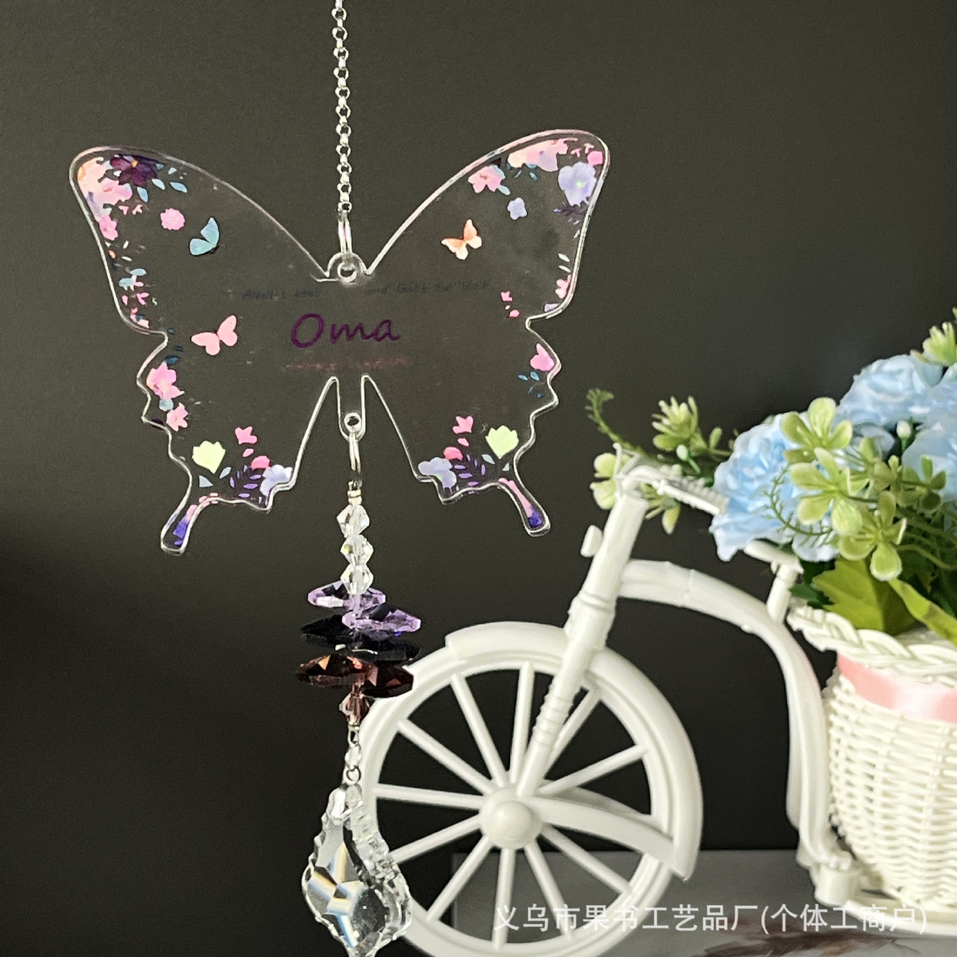 Colgante de cristal de mariposa de acrílico transfronterizo, colgante de pipa de corazón de melocotón del receptor del sol, luto y nostalgia por los animales conmemorativos