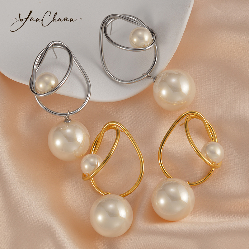 304 Stainless Steel Ear Needle Material 18K Real Gold Plated Plating Material 1 Pair Elegant Classic Style Geometric 304 Stainless Steel Imitation Pearl Drop Earrings