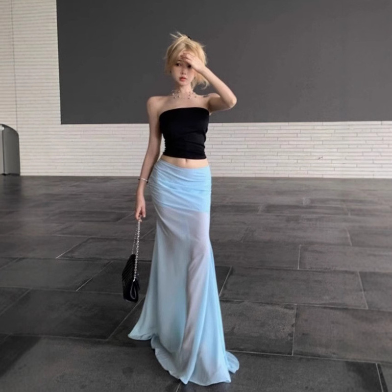 Seaside Mesh Skirt, Small Blue Skirt, Female Summer Hot Girl Fishtail Skirt, Long Skirt, Elegant Hip-Hugging Skirt Seaside Mesh Skirt, Small Blue Skirt, Female Summer Hot Girl Fishtail Skirt, Long Skirt, Elegant Hip-Hugging Skirt