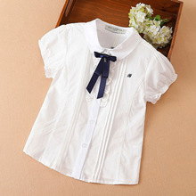 女童短袖衬衫现货夏季韩版中大童白色蝴蝶结纯棉短袖翻领儿童衬衣
