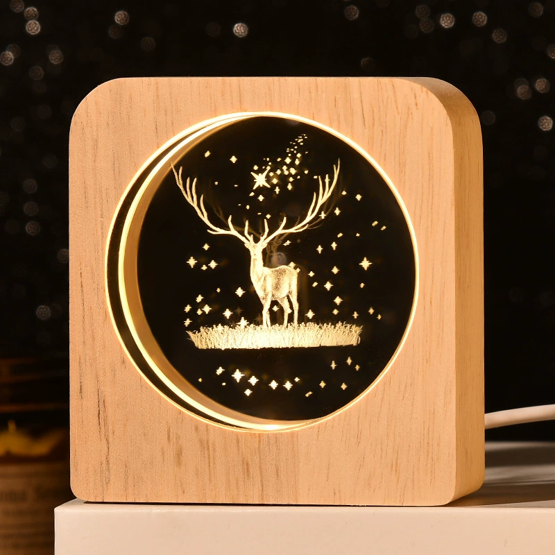 [跨境星球小夜灯3D图案内雕发光水晶桌面摆件木质底座景观节日礼物]