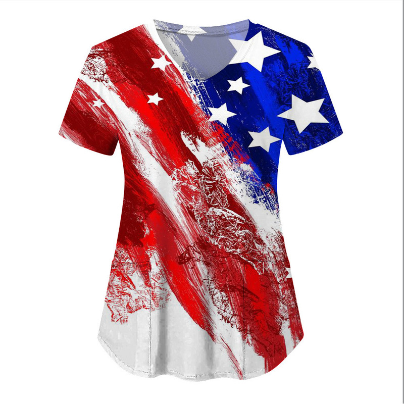 European and American 2024 Summer New Nursing Clothes US Independence Day 3D Printing Cross-border wish Amazon V-neck T-shirt for Women
