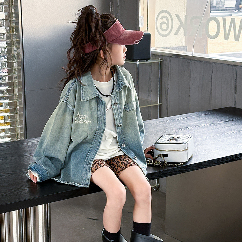Girls' Spring Dress Long-Sleeve Top 2024 New Spring and Autumn Children's Medium-Length Denim Shirt Primary School Students Stylish Outerwear