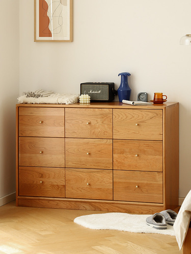 |Cherry wood nine-drawer cabinet solid wood drawer cabinet multi-functional bedroom clothing storage cabinet retro style entrance cabinet