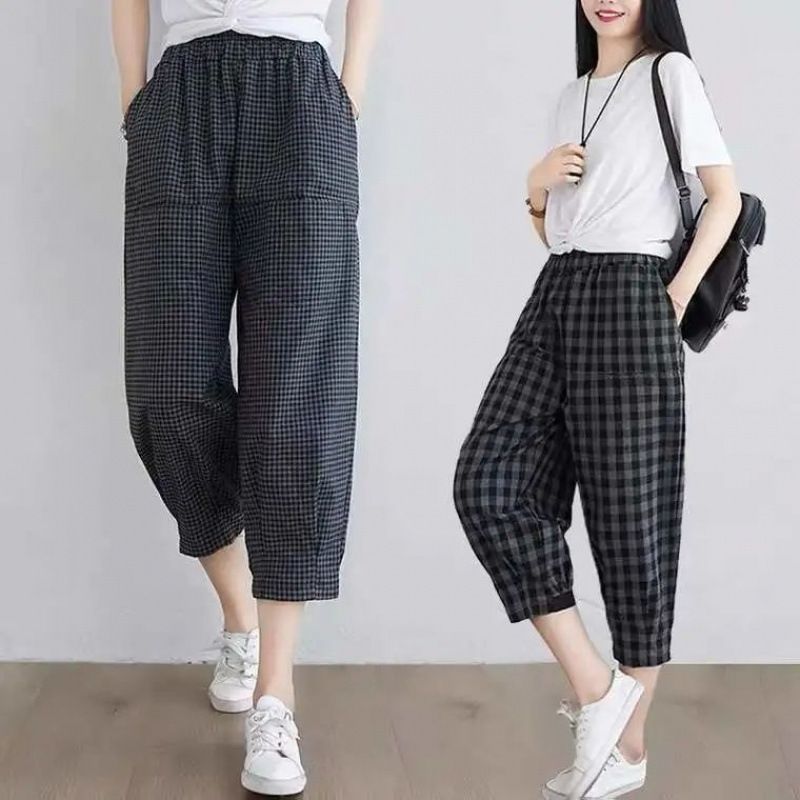 Plus-Size Cotton Plaid Casual Pants 2026 Summer Vintage Loose Slimming Harem Pants Cropped Pants for Women