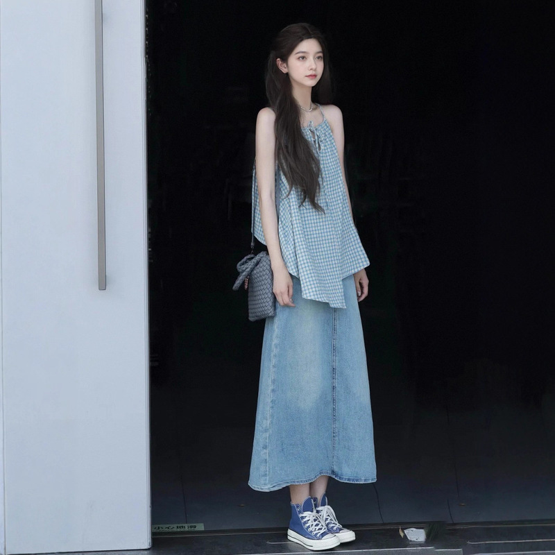 Summer dress with a set of salt French irregular sleeveless camisole top Denim skirt suit women