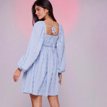 2025秋季歐美亞馬遜新款方領圓點褶皺半袖優雅連衣裙通勤跨境女裝