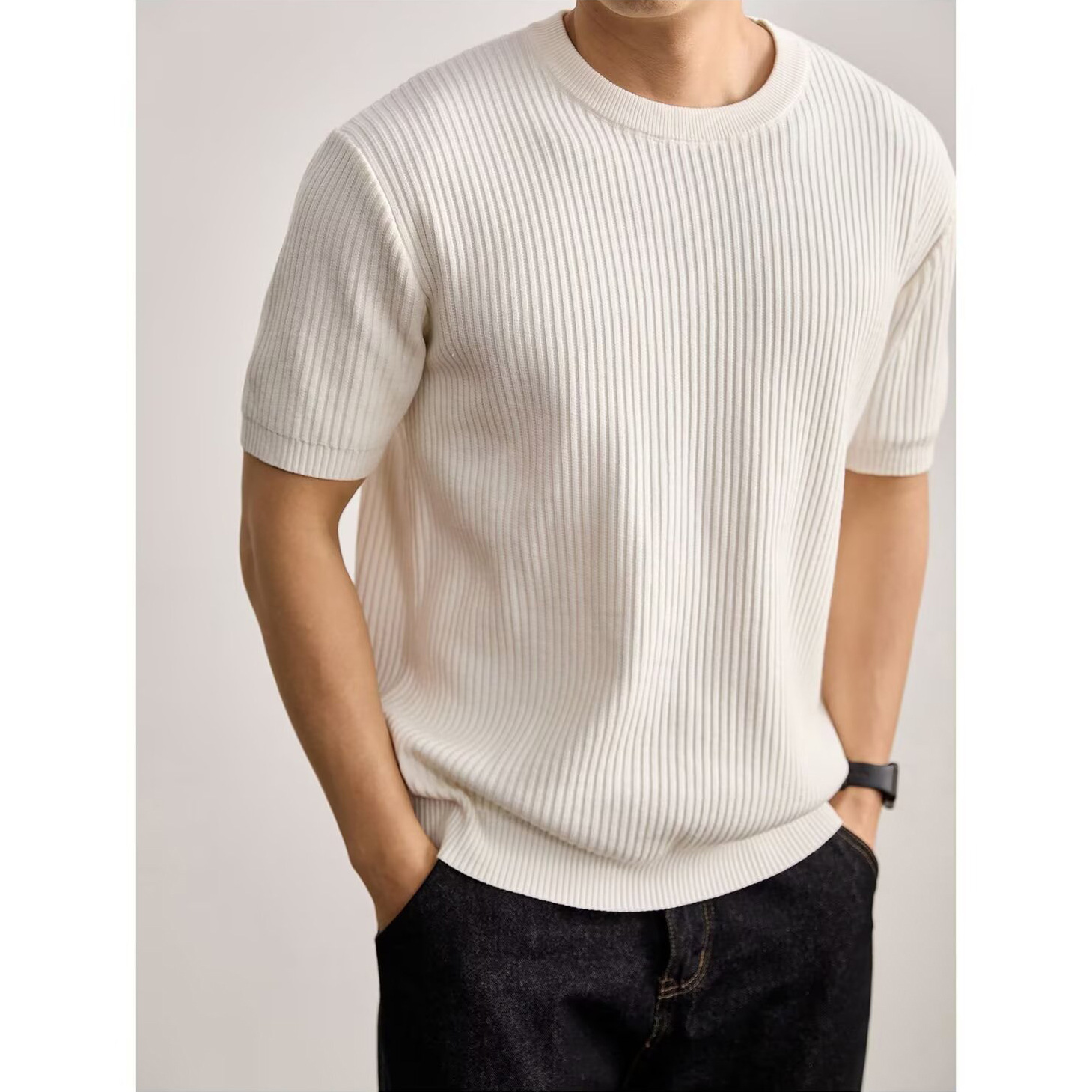 camiseta de punto camiseta de manga corta hombre elástico agujero vertical rayas viejos negocios hielo seda fábrica transfronteriza al por mayor