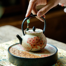 青花火石红纯手绘梅花提梁壶带提溜泡茶壶个人家用中式陶瓷泡茶器