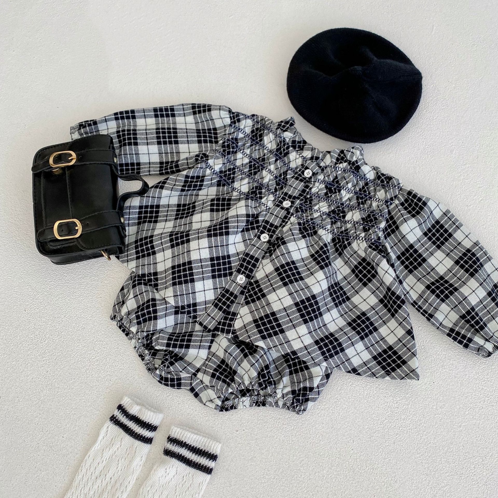 2024 Herbst/Winter Neue Baumwolle Weibliche Baby Karierten Langarm Top Strickjacke + Hose zweiteiliges Set_voghion.com