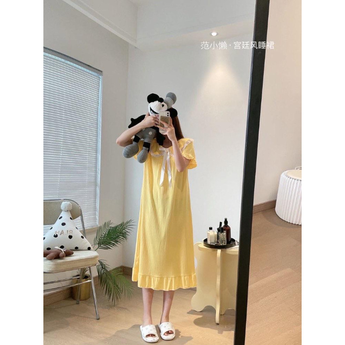 Pijama de verano de mangas cortas cuello de muñeca dulce hadas corte coreana estudiante pijama princesa vestido de viento