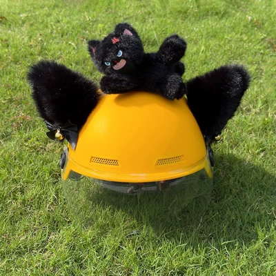 Motorcycle helmet decoration with cat ears, bow, and streamers; Meituan rider helmet accessory; fluffy little cat toy (Motosiklet dəbilqələri) - no-helmet-packagelying-down-frizzy-haired-kitten-black-black-with-pink-lining-and-bell