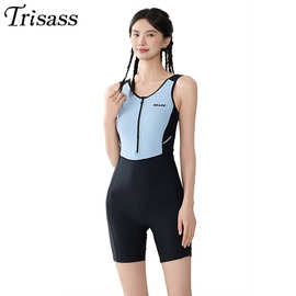 Trisass 2025年新款连体女泳衣专业运动性感露背拉链平角五分裤